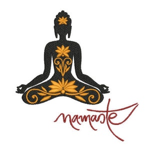 May include: Black silhouette of a meditating Buddha with gold floral designs and the word "namaste" in red script.