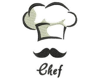 May include: Black and white illustration of a chef's hat with a mustache and the word "chef" underneath.