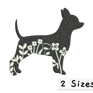May include: Black silhouette of a chihuahua with white floral designs inside the silhouette. The image has the text "2 Sizes" below the silhouette.