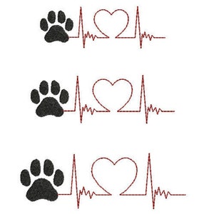 May include: Three black paw prints with a red heart and a red heartbeat line. The paw prints are in the center of the image and the heart and heartbeat line are above and below the paw prints.