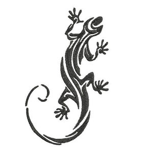 Pode incluir: Uma ilustração estilizada em preto e branco de um gecko com a cauda enroscada.