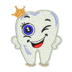 Könnte beinhalten: Ein Cartoon-Zahn mit einem breiten Lächeln und einem zwinkernden Auge. Der Zahn trägt eine goldene Krone und hat ein blaues Auge.