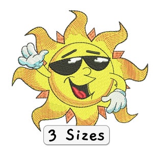 Könnte beinhalten: Eine Cartoon-Sonne mit Sonnenbrille und einem Lächeln, die weiße Handschuhe trägt und winkt. Die Sonne ist gelb mit orangefarbenen Strahlen. Der Text "3 Sizes" befindet sich unter der Sonne.