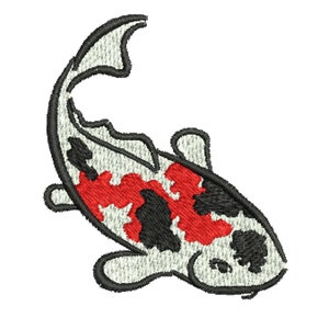 May include: A white, black, and red koi fish with a curved tail. The fish is swimming in a horizontal position.