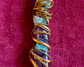 Necklace with Aquamarine ,Amethyst, Copper Wire and Leather Cord