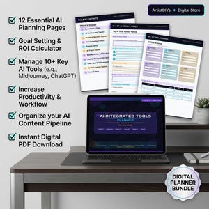 Peut inclure: Un ensemble de planificateur numérique avec une tablette affichant le « PLANIFICATEUR D'OUTILS INTÉGRÉS À L'IA » et des pages imprimées. Le planificateur comprend 12 pages de planification essentielles de l'IA, la définition d'objectifs et des outils de productivité.