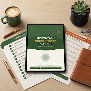 Peut inclure: Une tablette numérique affichant un "Micro-Task Productivity Planner" avec un design vert et blanc. L'image comprend une tasse à café, des stylos, une plante succulente, un carnet et des pages de planificateur imprimées, le tout disposé sur une surface en bois.