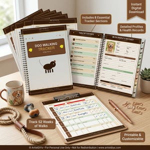 Peut inclure: Un agenda et planificateur quotidien pour promener les chiens, avec une reliure à spirale. La couverture présente le texte "Dog Walking Tracker" et un dessin de chien. Comprend un journal de marche hebdomadaire, des profils détaillés et des dossiers de santé.