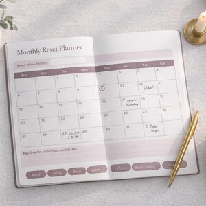 Peut inclure: Un planificateur de réinitialisation mensuel ouvert avec un stylo doré, une petite plante en pot, une bougie allumée et une tasse de thé au miel. Le planificateur a une mise en page de calendrier avec des notes manuscrites. Le texte "Monthly Reset Planner" est visible.
