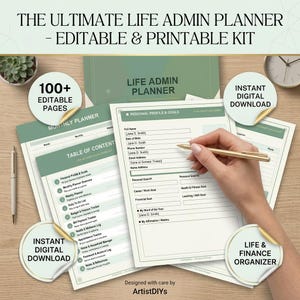 May include: A life admin planner kit with editable and printable pages. The kit includes a monthly planner, table of contents, and personal profile and goals pages. The planner is designed with a green and white colour scheme and includes the text "Instant Digital Download."