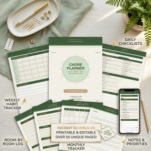 Peut inclure: Ensemble de planificateurs et de trackers de tâches imprimables en vert et blanc. Le design comprend un planificateur de tâches, un suivi hebdomadaire des habitudes, un journal pièce par pièce et un suivi mensuel. Un smartphone affiche une liste de contrôle quotidienne.