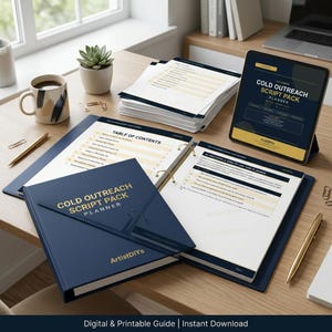 Peut inclure: Un classeur bleu marine et une tablette affichant un "Cold Outreach Script Pack Planner" avec du texte doré. L'image comprend une pile de papiers, une tasse à café et un stylo sur un bureau en bois. Le texte "Digital & Printable Guide | Instant Download" est en bas.