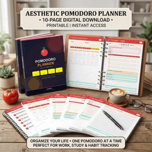 Peut inclure: Planificateur Pomodoro esthétique avec un graphisme de tomate rouge sur la couverture. Le planificateur comprend un téléchargement numérique de 10 pages, imprimable et un accès instantané. Le planificateur ouvert montre des pages de planification quotidiennes et hebdomadaires.