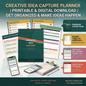Peut inclure: Un planificateur de capture d'idées créatives de couleur sarcelle avec une bande rouge et jaune, disponible en téléchargement numérique et imprimable. L'image comprend un téléphone, un presse-papiers et des pages de planification. Le texte dit "Get Organized & Make Ideas Happen."