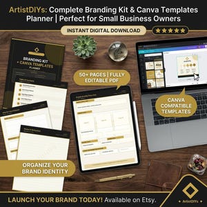 Peut inclure: Vue de dessus d'un bureau en bois avec un kit de branding, un planificateur et un ordinateur portable. Le kit de branding comprend un carnet et plusieurs pages volantes. Une tablette affiche un aperçu de l'identité de la marque. L'écran de l'ordinateur portable affiche des modèles Canva.