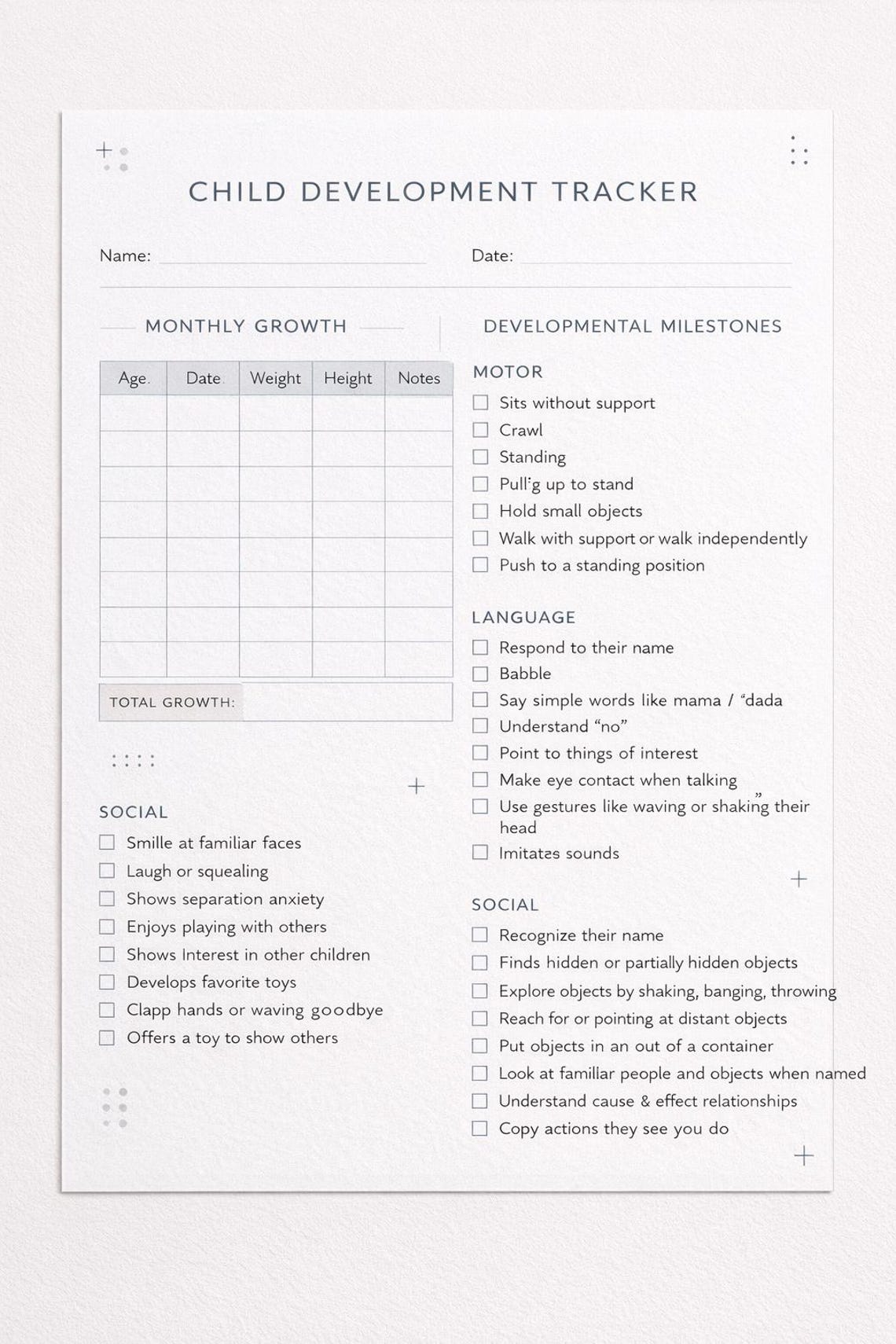 Child Development Tracker Printable, Baby Milestone Tracker, Growth ...