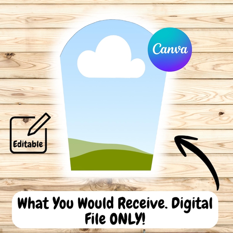 May include: A digital file template with a blue sky and green landscape design. The image includes the text "Canva" in a teal and purple circle, and the words "Editable" and "What You Would Receive. Digital File ONLY!"