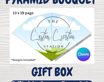 Modello Canva modificabile per confezione regalo a forma di piramide con bouquet, formato 13x19 pollici. Design inclusi.
