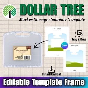 May include: A clear plastic marker storage container with a handle, accompanied by a digital template for an 8.5 x 11 inch page. The template features front and back designs with drag and drop functionality, labeled as an editable template frame.