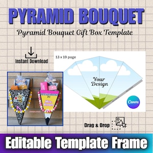 Plantilla editable de Canva para caja de regalo con ramo piramidal, diseños de página de 13x19 incluidos.