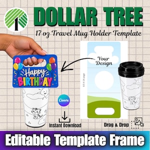 Pode incluir: Um modelo digital para suporte de copo de viagem de 17 oz com um topo azul de Happy Birthday e balões coloridos. O design inclui um layout em branco para personalização, um copo de viagem com tampa preta e gráfico de tigre.