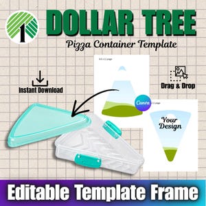 May include: A triangular pizza container with a clear base and a light teal lid, featuring two teal locking clips. The image includes text reading Dollar Tree, Pizza Container Template, Instant Download, Drag & Drop, Canva, and Your Design.