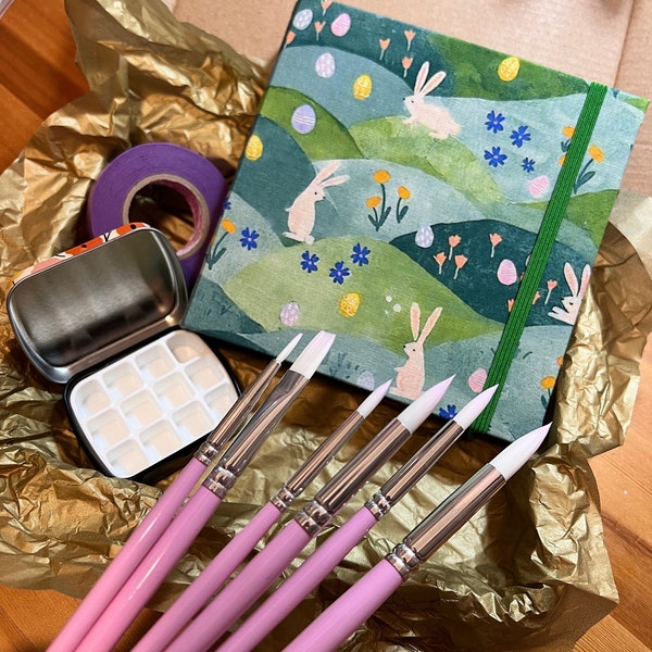 Value bundle pack - Sketchbook, Pink tip brush set of 6, masking tape, watercolour tin box | acrylic, gouache | Art lover, artist tools gift