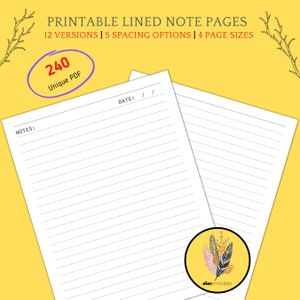Printable Lined Papers | Lined Note Pages | Wide Rule Paper | College Rule Paper | Writing Paper | A4 / Letter / Half Size / A5