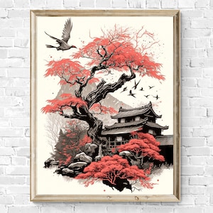 Japanese Landscape Wall Art | Retro Japanese Watercolor Art | Japanese Art | Japanese Black and Red Wall Art | Instant Download
