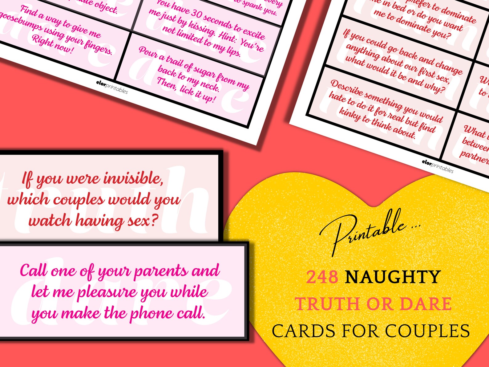 Naughty Truth or Dare Cards for Couples, 248 Printable Game Cards, Kinky Gift for Him or Her