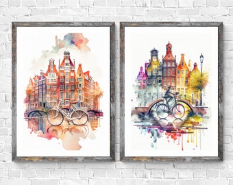 Amsterdam Watercolor Wall Art Bundle, 6 Printable Digital Wall Art Files, Amsterdam Poster, Amsterdam Painting, Amsterdam Illustration