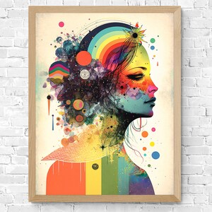 Retrato de mulher surreal | Arte de parede para impressão | Arte multicolorida para impressão | Arte abstrata de parede | Arte Moderna | Arte de parede colorida do arco-íris