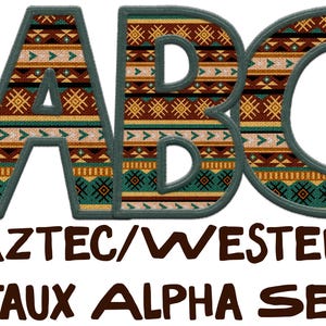Aztec Western Alpha PNG Clipart Set | Faux Broderibokstäver, DTF Sublimering Digital Nedladdning för Skjortor, Mössor och Hantverk
