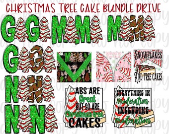 May include: A digital download of Christmas tree cake designs featuring the words "Gaga", "Mama", "Nana", "Snowflakes and Tree Cakes", "Abs are Great But So are Christmas Tree Cakes", and "Everything in Moderation Including Moderation".