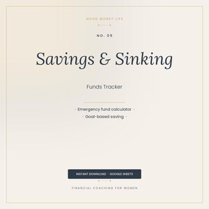 Può includere: Documento digitale di pianificazione finanziaria color crema con il titolo "Savings & Sinking". Il documento include il testo "Funds Tracker" e punti elenco per un calcolatore di fondi di emergenza e risparmio basato sugli obiettivi. Il documento include anche il testo "Instant Download - Google Sheets."