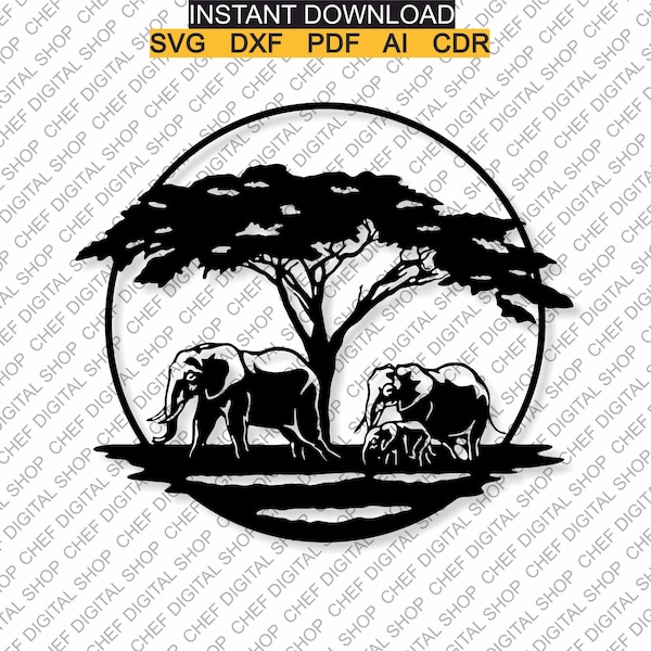 Elephants Wall Art, Laser Cut File, Decoración de pared, Glowforge Files, Archivos digitales, Svg, Pdf, Ai, Dxf, Cdr y otros formatos (L0228)