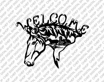 Arte de pared de caballo de bienvenida, archivo de corte láser, decoración de pared, archivos Glowforge, archivos digitales, Svg, Pdf, Ai, Dxf, Cdr y otros formatos (L0352)