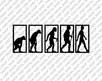 Arte de pared de evolución humana, archivo de corte láser, decoración de pared, archivos Glowforge, archivos digitales, Svg, Pdf, Ai, Dxf, Cdr y otros formatos (L0398)