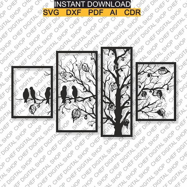 Tree Birds Wall Art, Laser Cut File, Wall Decor, Glowforge Files, Digital Files, Svg, Pdf, Ai, Dxf, Cdr, And Other Formats (L0130)