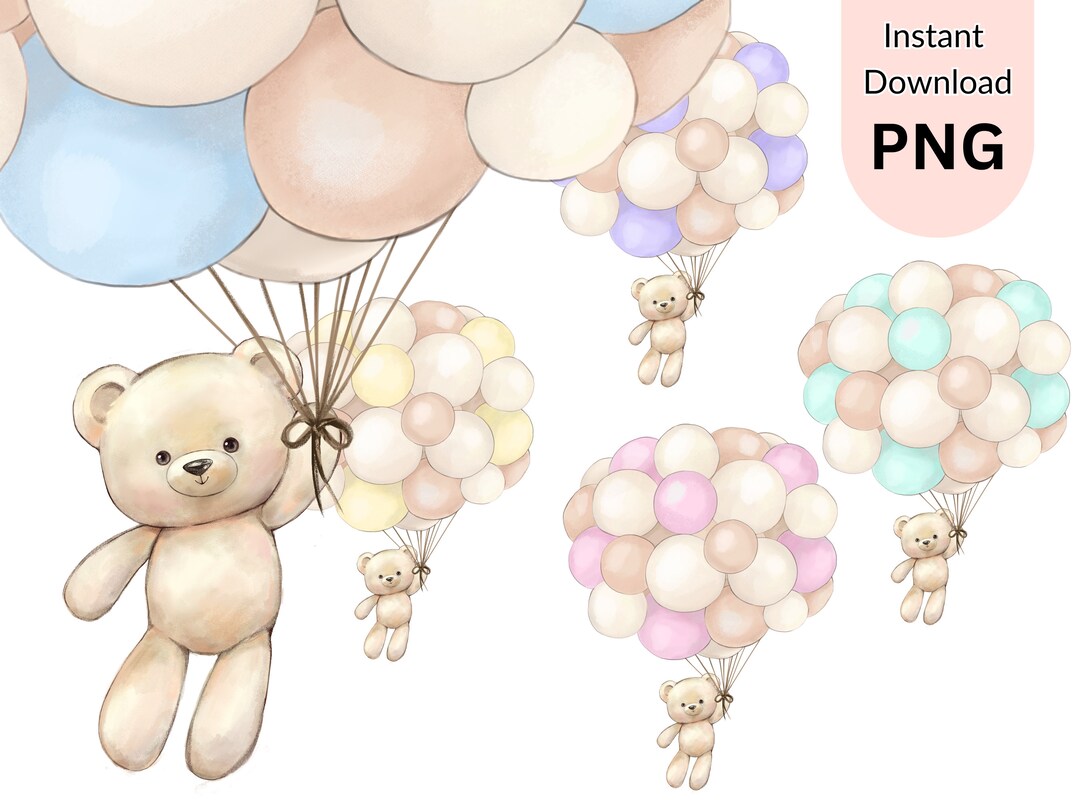 Balloon Teddy Bear Clipart PNG Files | Instant Digital Download | Baby ...