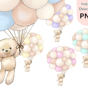 Könnte beinhalten: Vier Teddybären, die an Bündeln von pastellfarbenen Ballons festhalten. Die Ballons sind in Blautönen, Gelb, Rosa und Grün. Die Bären sind alle nach vorne gerichtet und haben einen fröhlichen Gesichtsausdruck. Sofortiger Download PNG.