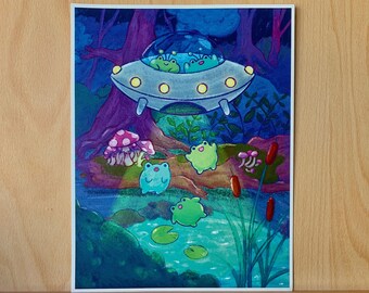 Alien Frog Abduction Art Print on Heavy Cardstock