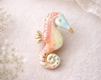 Handmade Porcelain Seahorse Brooch – Hand Painted Sea Horse Pin with 24k Gold