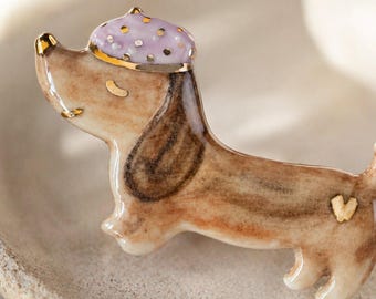 Handmade Porcelain Dachshund Brooch, 24k Gold Heart, Purple Dotted Hat Dog Pin