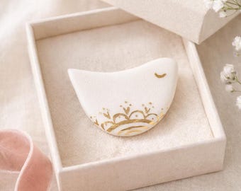 Porcelain Bird Brooch with Real Gold – Handmade Luxury Gift