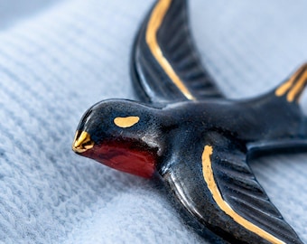 Handmade Porcelain Swallow Brooch, Hand Painted Bird Pin with 24k Gold, Blue Bird Jewelry