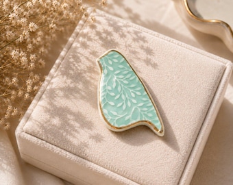Porcelain Bird Brooch, Handmade Ceramic Bird Pin with Relief Leaves and 24k Gold