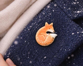 Handmade Porcelain Fox Brooch – Real Gold Ceramic Pin