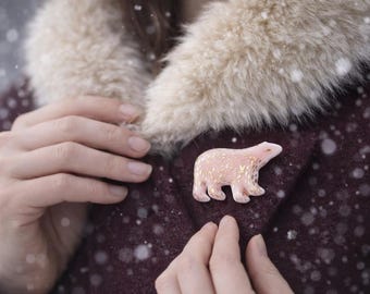 Bear Porcelain Brooch – Handmade Ceramic Animal Pin with Real Gold