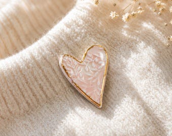 Porcelain Heart Brooch, Handmade Ceramic Heart Pin with Leaf Relief and 24k Gold